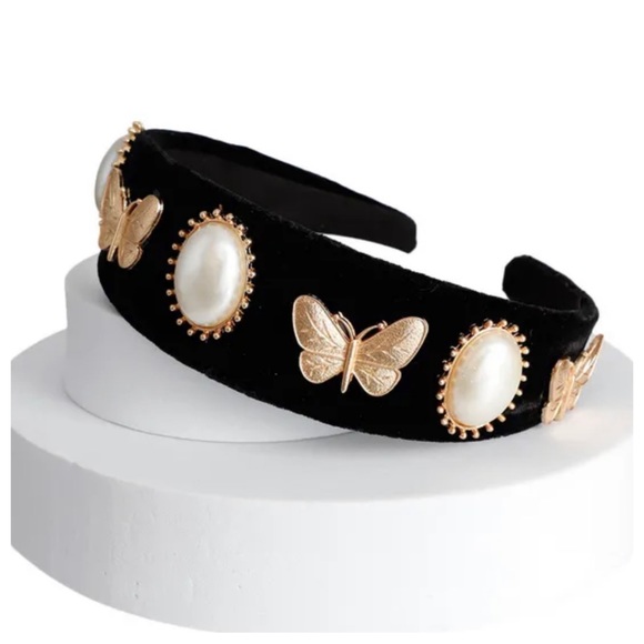 Black Fabric Covered Headband Embellished with Pearls - Picture 2 of 2